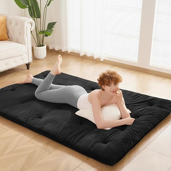 Japanese Floor Futon Mattress Queen Size 60"x 80", 2.5'' Thick Foldable Roll Up Floor Bed Sleeping Pad, 25D Foam Filled Tatami Mat with Straps for Guest Room, Dormitory & Camping, Black