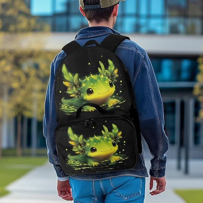 HUGS IDEA Glowing Axolotl Backpack and Lunch Box Set Girls Elementary School Bookbag Cute Backpack for Girls 6-8 Lightweight School Bag for Kids Daypack Children Bookbag