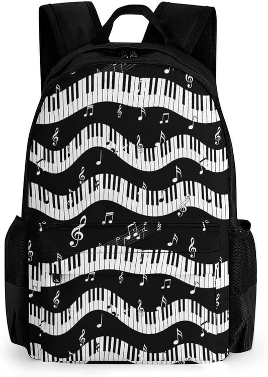 Daypack Backpack Polyester Multipurpose Anti-Theft Black And White Piano Keys Musical Notes Shoulder Bag Big Capacity Gym Outdoor Hiking Backpack With Smooth Zippers