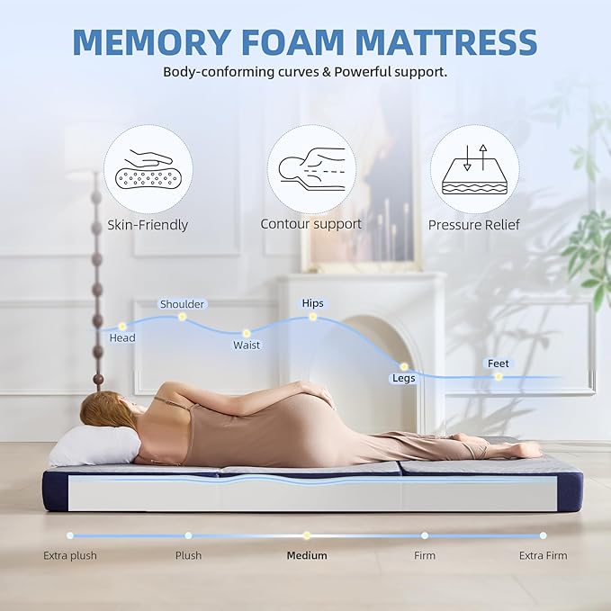 Cooling Foldable Mattress, 6 Inch Memory Foam Mattress/Topper with Cold Breathable Effect, Trifold Mattress for Murphy Bed, Portable Folding Floor Bed for Guest, Camping, Travel, Yoga - Full