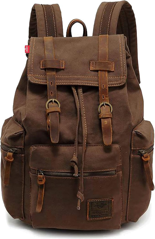HuaChen Vintage Canvas Travel Backpack with Leather Trim, Laptop Padded Sleeve, Hidden Back Security Pocket, Fits 14-Inch, M32 Coffee