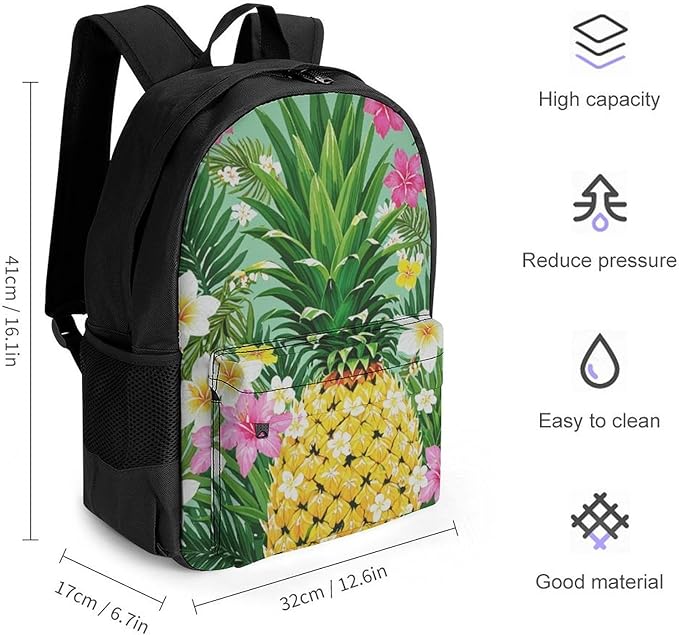 Men Women Polyester Hawaiian Pineapple Flowers Floral Backpack Large Capacity Bookbag With Smooth Zippers for Climbing Picnic Bicycle