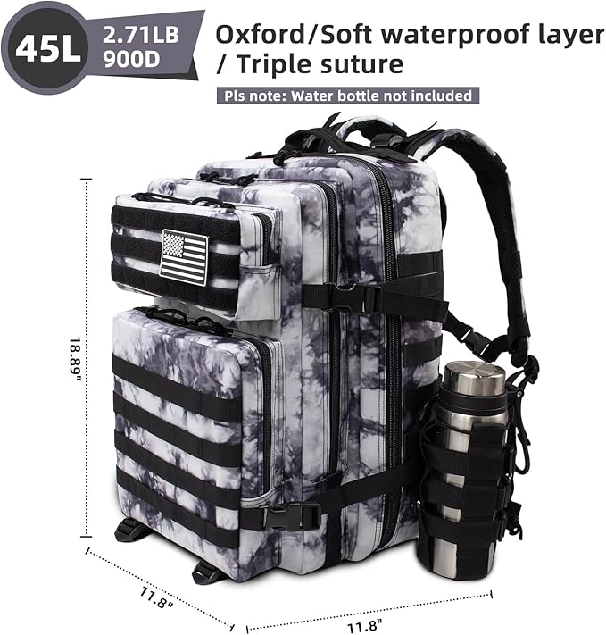 45L Large Tactical Military Backpack for Women and Men, Assault Pack Army 3 Day Molle Bug Out Bag with Adjustable Water Bottle Holder, Gym EDC Daypack Rucksack for Camping Motorcycle, Balck White Camo