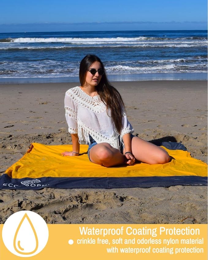 ECCOSOPHY Sand Proof Beach Blanket - Waterproof Picnic Blanket 60x55 Outdoor Compact Pocket Blanket Lightweight Ground Cover for Hiking Camping Festivals Sports Travel with Bag & Stakes (Orange)