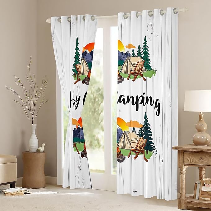 Erosebridal Camper Travel Window Drapes Happy Camping Blackout Curtains 42" Wx63 L Camping Adventure Curtains for Bedroom Living Room,Retro Forest Camp Window Treatments 2 Panels