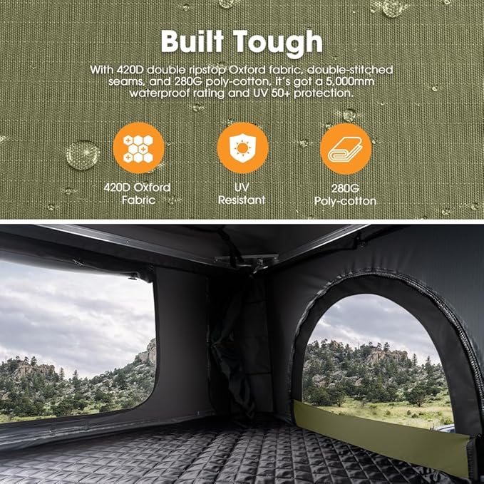 Sanhima Rooftop Tent Hard Shell - Jervis Loft Overland Aluminium ABS Roof Top Tent w/ 4 Sides Windows & AC Duct Hole for Car SUV Truck Camping, for 2-3 People