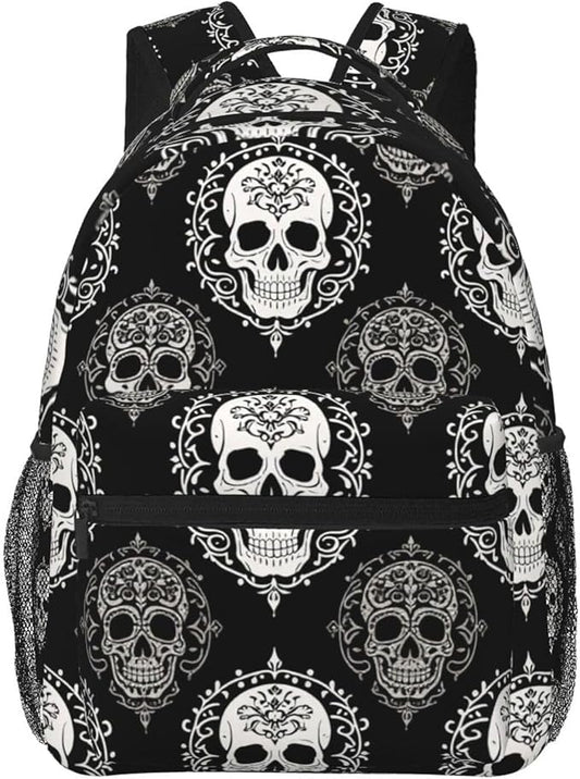 Daypack Anti-Theft Multipurpose Large Capacity Shoulder Bag, Vintage Skull Travel Hiking Camping Rucksack With Smooth Zippers