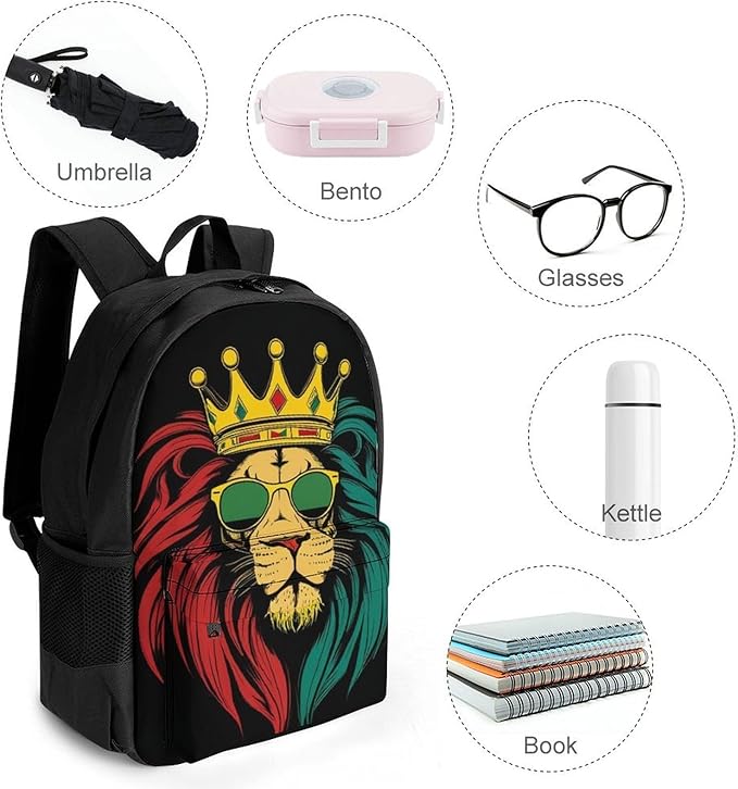 Supdreamc Daypack Bookbag Anti-Theft Multipurpose Large Capacity Bookbag, Reggae King Rasta Flag Lion Black Travel Hiking Camping Rucksack With Adjustable Shoulder Straps