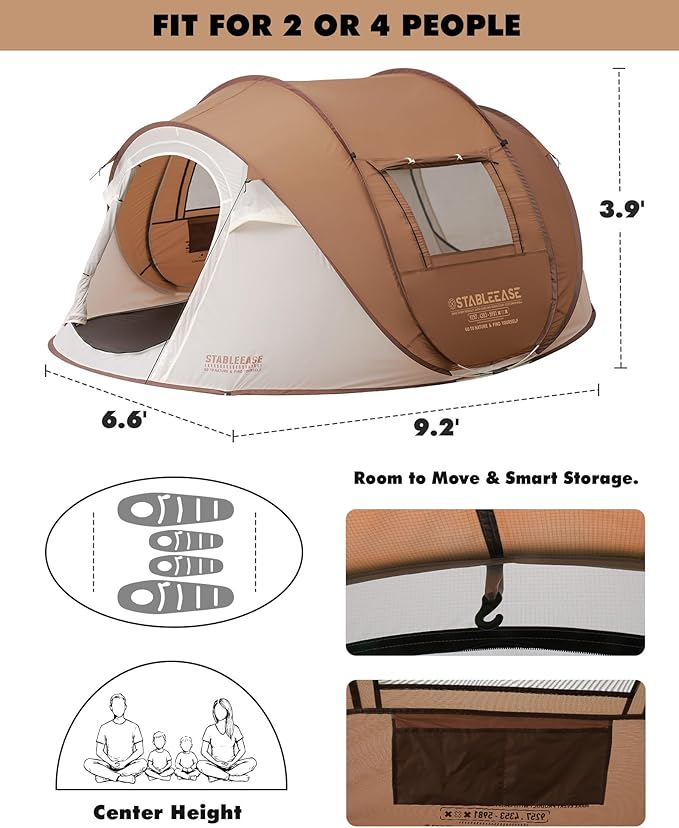 4 Person Instant Pop Up Tent, Automatic Waterproof Windproof Camping Tent with 2 Doors for Outdoor Hiking, Beach & Travel, Portable Family Tent with Carry Bag for Easy Setup