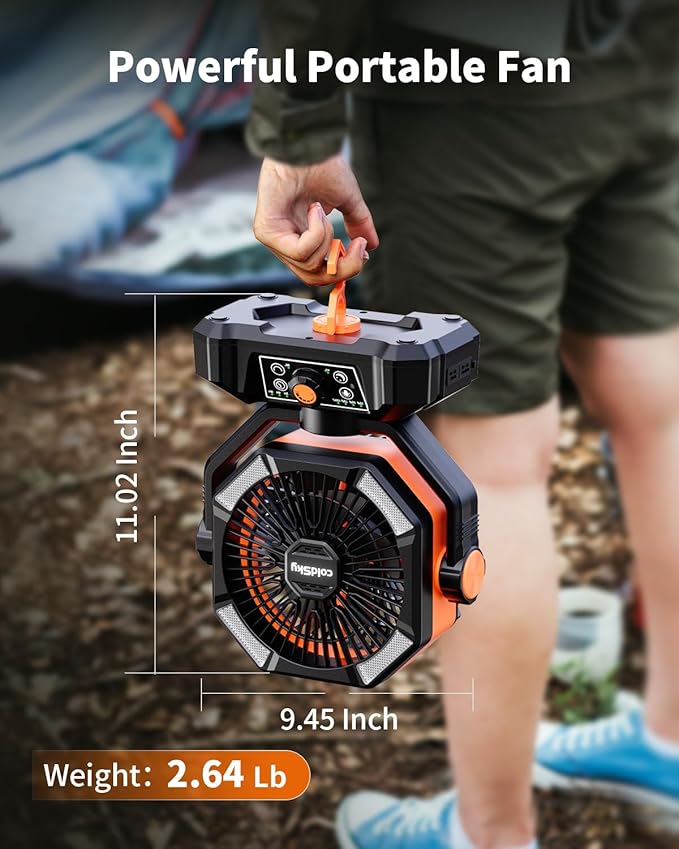 coldSky 𝟮𝟬𝟬𝟬𝟬𝗺𝗔𝗵 Camping Fan with 𝗗𝘂𝗮𝗹 𝗠𝗼𝘁𝗼𝗿, Battery Operated Fan with 4 LED Lantern, 8 Speeds Desk Fan with Remote, Portable Outdoor Fan with Hook for Tent, Power Outages, Jobsite