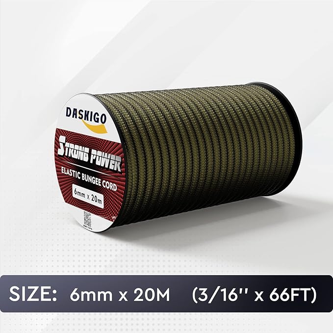 Elastic Bungee Shock Cord 3-8mm (Army Green, 3/16'' x 66FT)