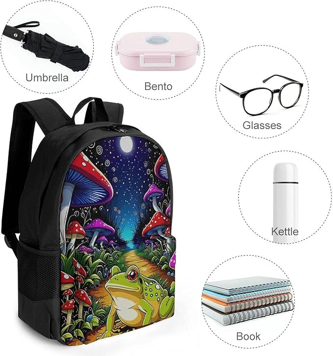 Supdreamc Daypack Backpack Anti-Theft Multipurpose Big Capacity Bookbag, Psychedelic Magic Mushrooms Frog Trippy Art Business Computer Bag With Side Pockets