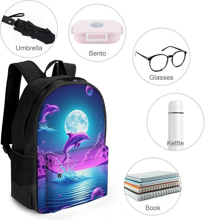 Polyester Daypack for Camping Travel Walking Cycling, Big Capacity Anti-Theft Multipurpose Bookbag, Full Moon Dolphin Purple Blue Camping Outdoor Backpack