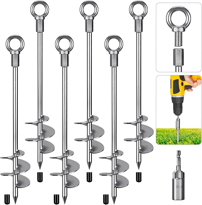 Dolibest 18" Heavy-Duty Ground Anchors Screw in, 3" Wide Spiral Earth Anchors for Swing Set, Wind Resistant Mobile Home, Trampoline, Sheds - Fully Welded Ground Anchors-Set of 6