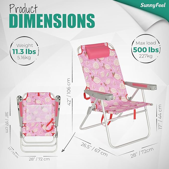 SUNNYFEEL 17" Tall Oversized Beach Chairs 2 Pack for Adults Heavy Duty 500 LBS, 5 Position, Portable High Folding Camping Chair with Cup Holder for Outdoor/Lawn/Trip, Foldable Sand Chairs for Adults