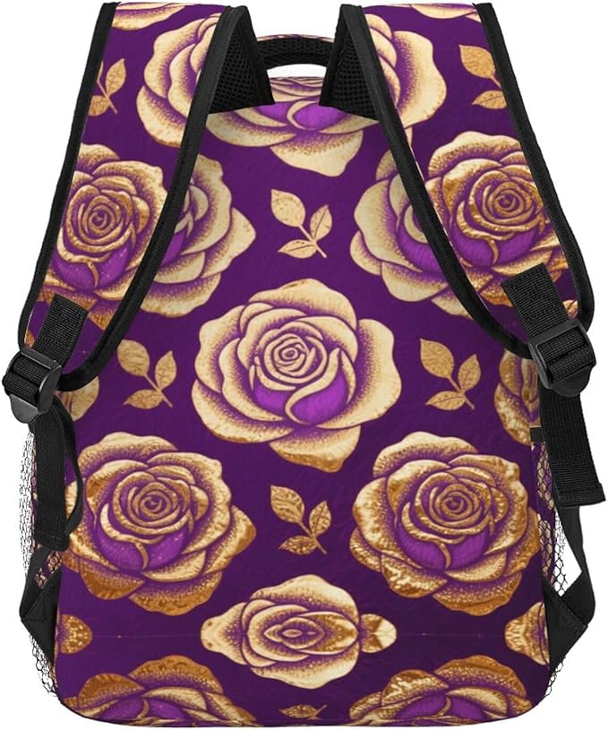 Rucksacks Multipurpose Anti-Theft Big Capacity Bookbag, Purple Gold Rose Art Travel Hiking Camping Rucksack With Padded Straps