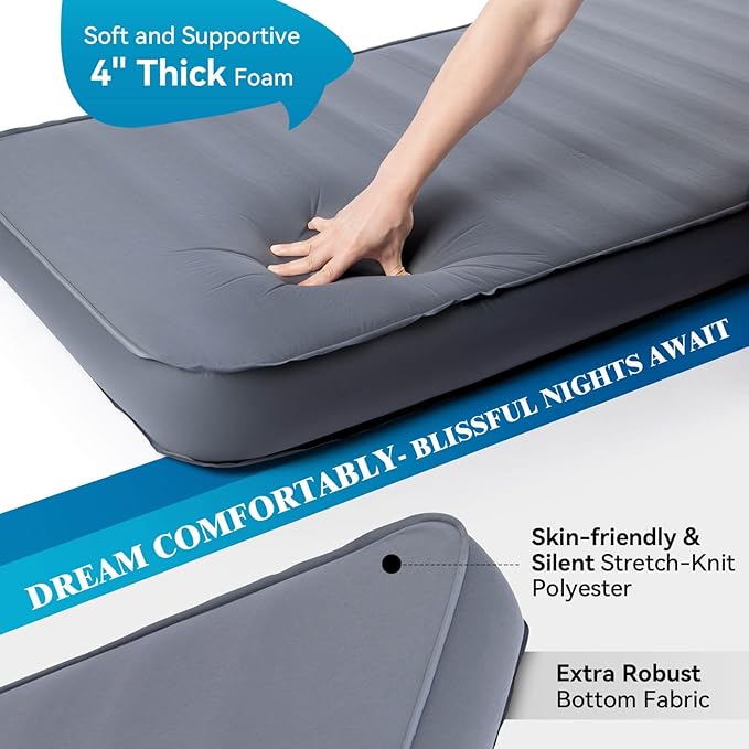 Hikenture 4 INCH Thick Self Inflating Sleeping Pad 9.5 R Value, Comfort Plus Camping Mattress with Pump Sack, Inflatable Foam Insulated Camping Pad, Camping Mat 4-Season