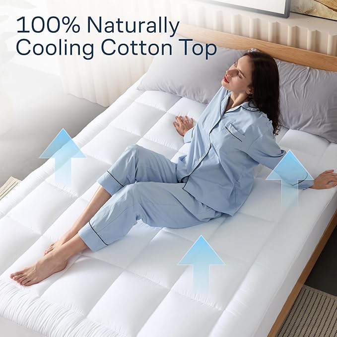 Cloud-Like Twin XL Mattress Topper - 100% Cotton Top Mattress Pad for Back Pain Relief - Breathable & Naturally Cooling for Hot Sleepers, White