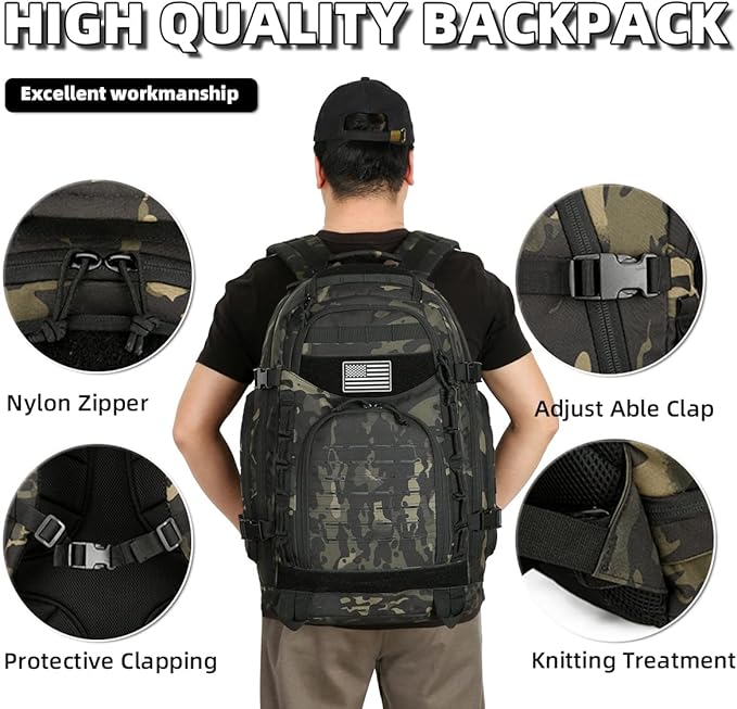 25L/45L Tactical Backpack Military Tactical Backpack Heavy Duty Molle Assault Pack for Work Gym Outdoors (2.0 45L-black camo, Large)