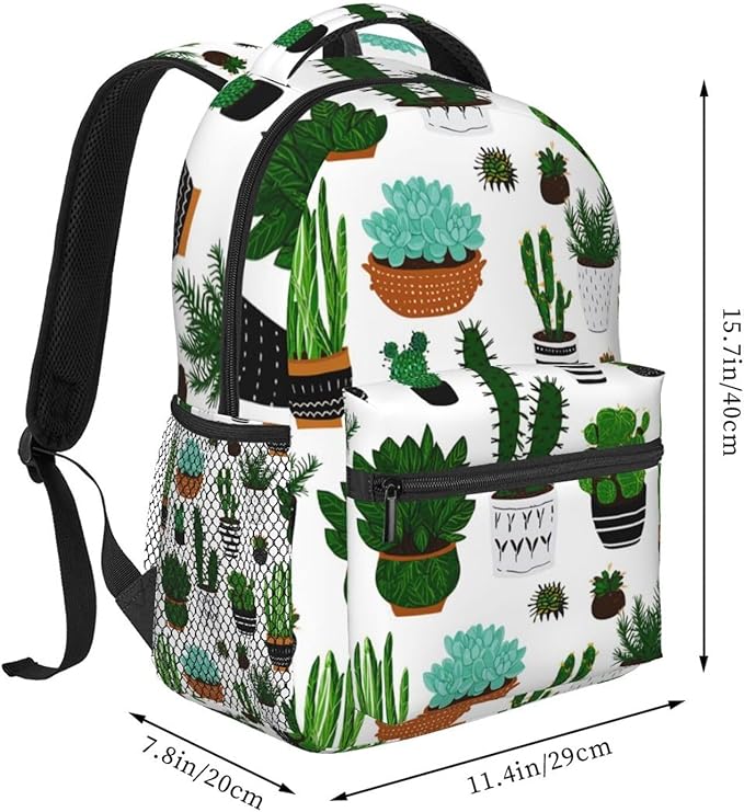 Men Women Lightweight Green Cactus Art Backpack Large Capacity Bookbag With Smooth Zippers for Gym Business Running