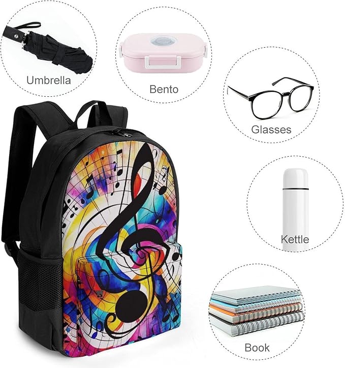 Supdreamc Men Women Lightweight Abstract Music Notes Colorful Casual Daypack Large Capacity Bookbag With Adjustable Shoulder Straps for Gym Business Bicycle