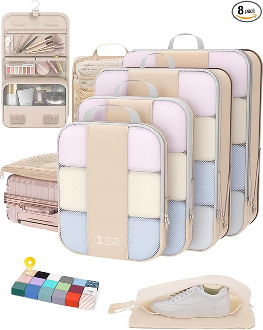 8 Set Compression Packing Cubes for Travel Essentials(Cream)