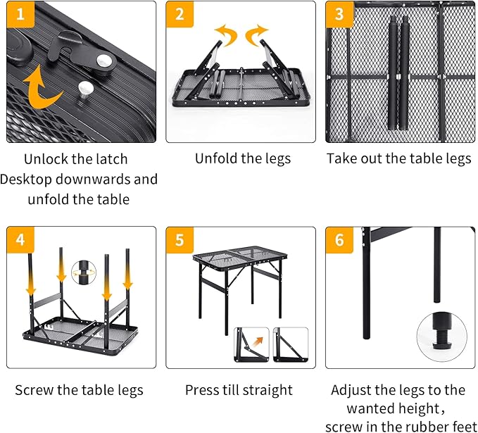 Small Folding Table 2FT Grill Table Foldable Camping Table Picnic Portable Mesh 2 Height Adjustable Outdoor Beach BBQ Black 23.6×15.7× 9.4/20.4inch