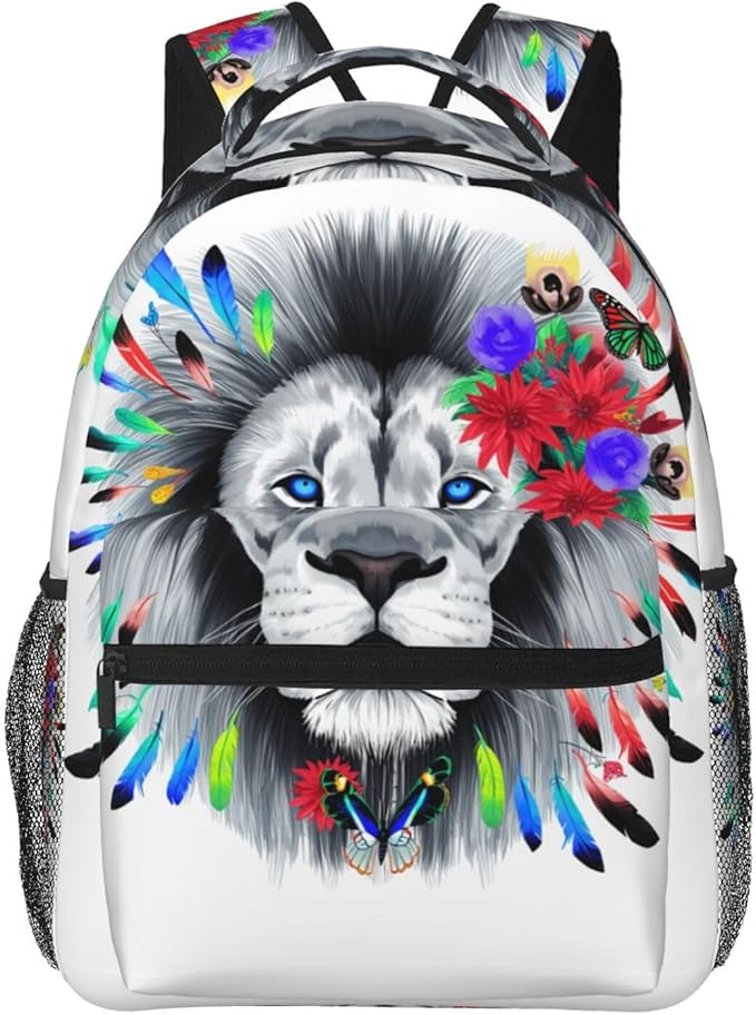 Daypack Backpack Anti-Theft Multipurpose Big Capacity Bookbag, Lion Feather Flower Butterflies Art Business Computer Bag With Side Pockets
