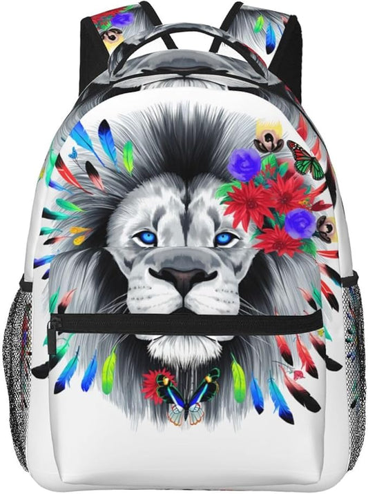 Daypack Backpack Anti-Theft Multipurpose Big Capacity Bookbag, Lion Feather Flower Butterflies Art Business Computer Bag With Side Pockets