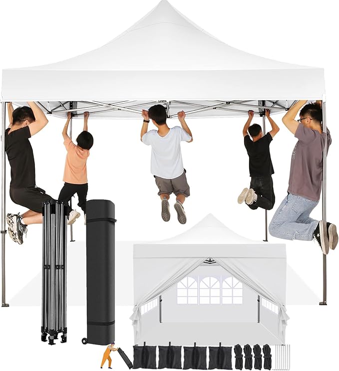 COBIZI 10x10 Pop up Canopy Tent with 4 Sidewalls, Waterproof Heavy Duty Commercial Canopy for Parties, Outdoor Tent, Garden Gazebo, Carry Bag with Wheel (10x10ft, White)