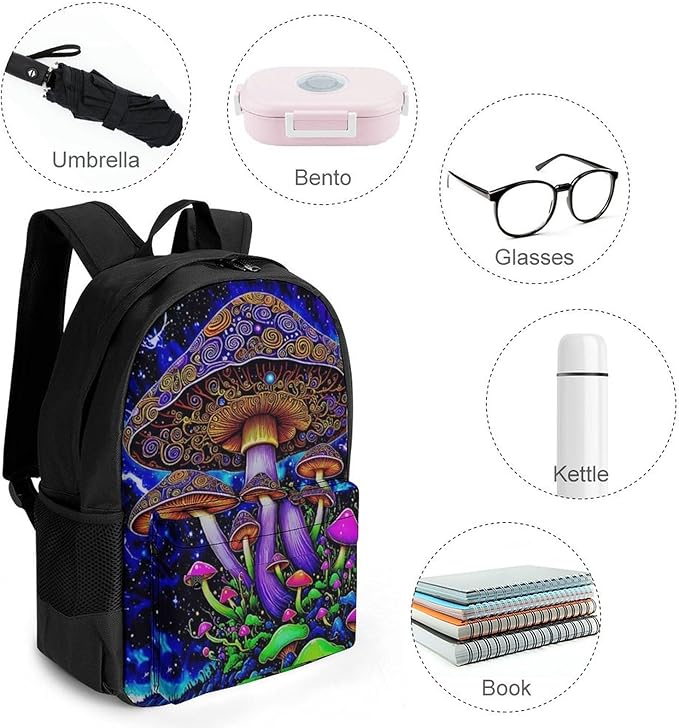 Supdreamc Shoulder Book Bags Anti-Theft Multipurpose Big Capacity Bookbag, Psychedelic Magic Mushrooms Trippy Galaxy Space Art Travel Hiking Backpack With Smooth Zippers