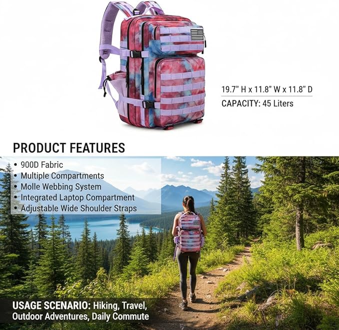 Military Tactical Backpack 45L Bug Out Bag Assault Pack Molle Daypack Hiking Gym Rucksack with Bottle Holder(Nebula Tie Stain)