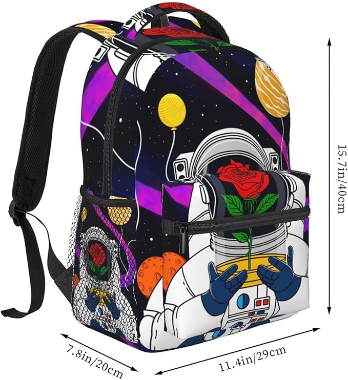 Daypack Bookbag Multipurpose Anti-Theft Big Capacity Carry On Bag,Astronaut Starry Sky Roses Colorful Planet Art Travel Hiking Camping Rucksack With Padded Straps