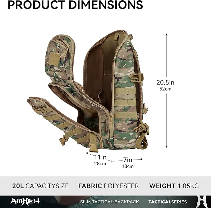 20L Slim Tactical Backpack - Suspended 13" Laptop Compartment, Rugged MOLLE Daypack for Everyday Carry, Work, Travel (Camo)