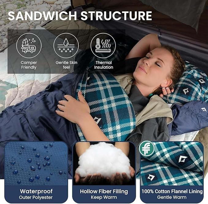 KingCamp Sleeping Bag for Adults, Cold Weather & Warm XL Big and Tall Flannel Sleeping Bags with Compression Sack Portable Waterproof Essentials Gear Accessories for Outdoor Camping