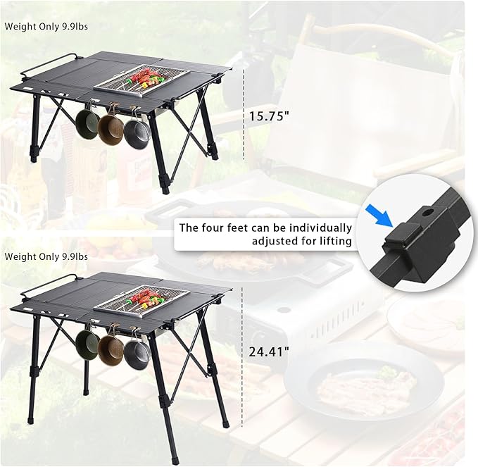 IGT Camping Table with Extended Frames, Portable and Foldable Outdoor IGT Camp Tables, Ultralight Height Adjustable Camp Table with Carry Bag for Car Camping Picnic RV Trip Patio Backyard