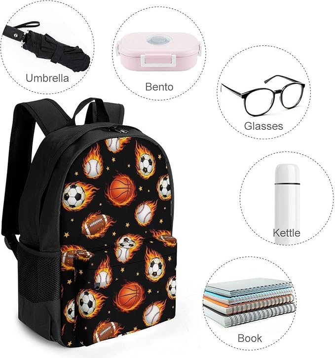 Supdreamc Men Women Polyester Fire Ball Soccer Basketball Baseball Football Sport Daypack Big Capacity Shoulder Bag With Smooth Zippers for Hiking Work Walking Cycling