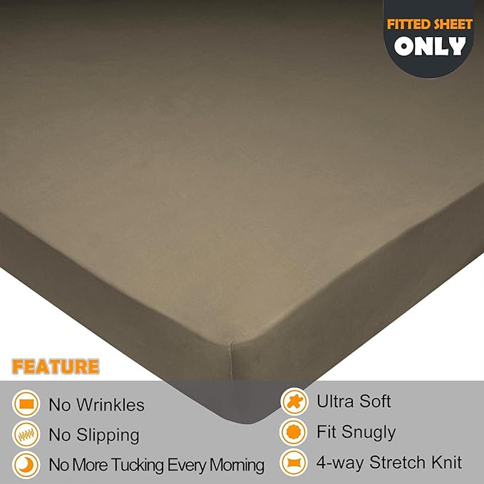 King Size Fitted Sheet Only - 4-Way Stretch Knit, Snug Fit, Wrinkle Free & Stay in Place, No More Slipping Off for Mattress, Soft & Comfortable - Taupe, King