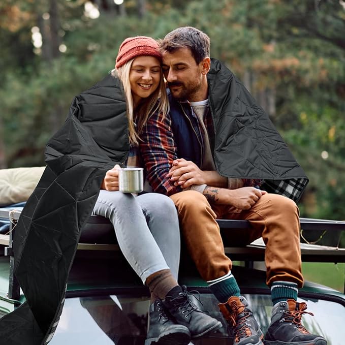 Outdoor Waterproof Blanket, Foldable Fleece Stadium Blanket for Outdoor Sports Event, Camping, Concerts, Car, Pet, Picnics - Windproof, Wearable, Machine Washable 80" x 58" (Black Check)