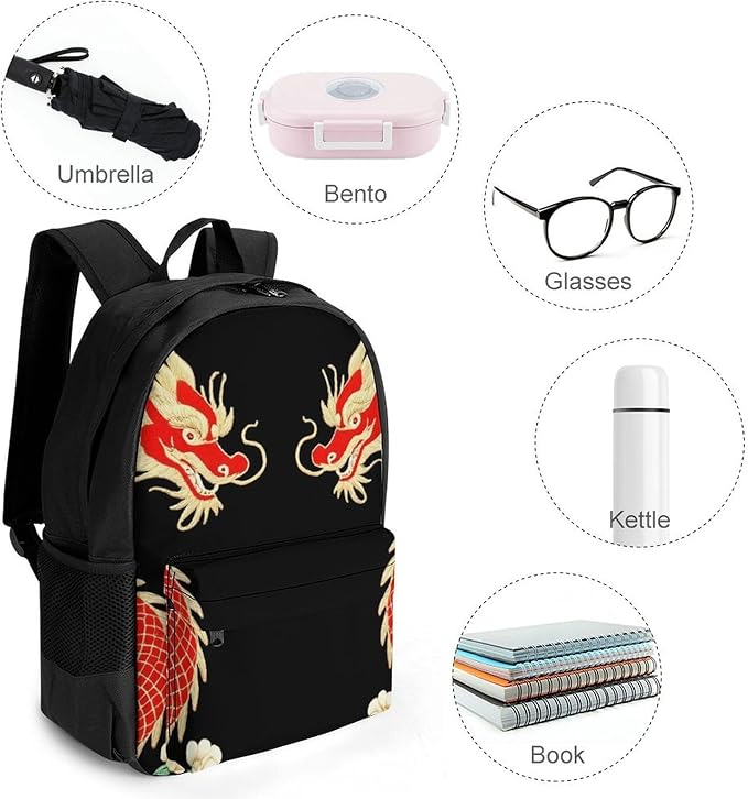 Men Women Lightweight Floral Chinese Japanese Dragon Flower Backpack Large Capacity Bookbag With Smooth Zippers for Gym Business Running