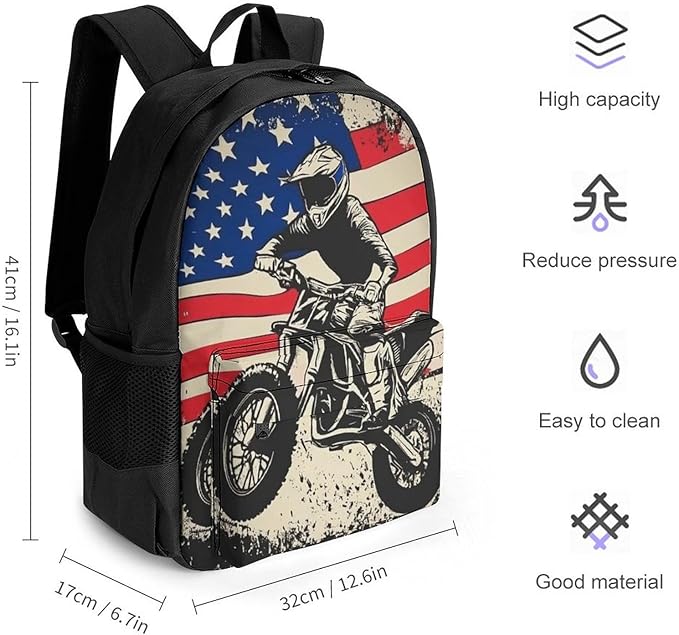 Lightweight Rucksack for Sports Travel Running, Big Capacity Multipurpose Anti-Theft Bookbag, Dirt Bike Motocross American Flag Travel and Sport Backpack Rucksack