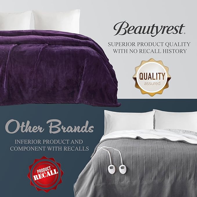 Beautyrest Heated Electric Blanket for Cold Weather, Fast Heating Heated Blanket, Auto Shut Off, Virtually Zero EMF, Multi Heat Setting, UL Certified, Purple Queen (90 inx84 in)