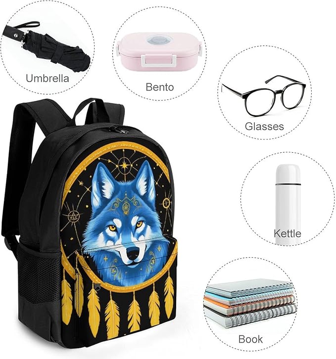 Lightweight Daypack Bookbag for Trekking Business Walking Cycling, Big Capacity Anti-Theft Multipurpose Carry On Bag, Boho Totem Native American Wolf Dream Catcher Business Computer Bag