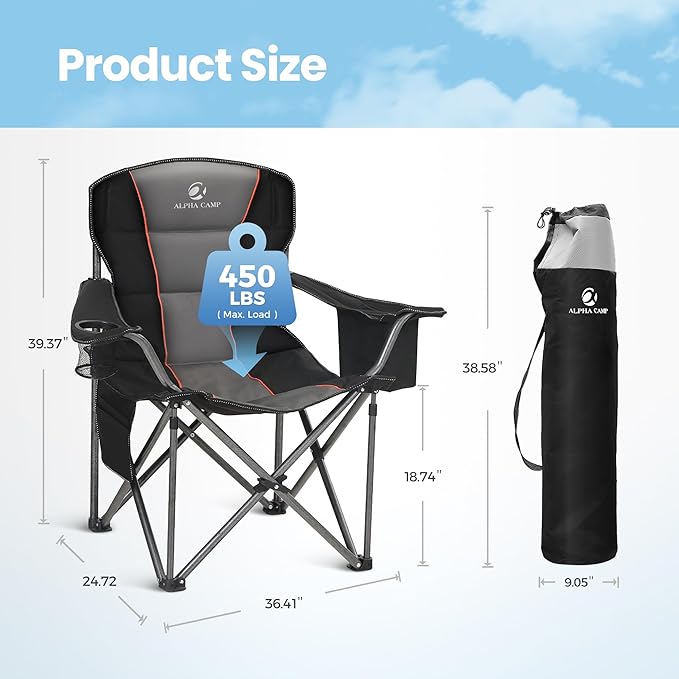 HIGH POINT SPORTS Oversized Camping Folding Chair, Heavy Duty Portable Lawn Chairs, Folding Chairs for Outside with Cup Holder and Cooler Bag for Camp, Travel, Support 450 LBS, 2 Pack, Black