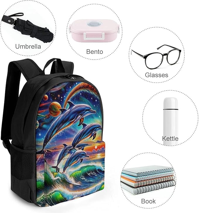 Men Women Lightweight Dolphin Mural Fantastic Universal Dolphins Daypack Bookbag Big Capacity Carry On Bag With Side Pockets for Camping Travel Bicycle