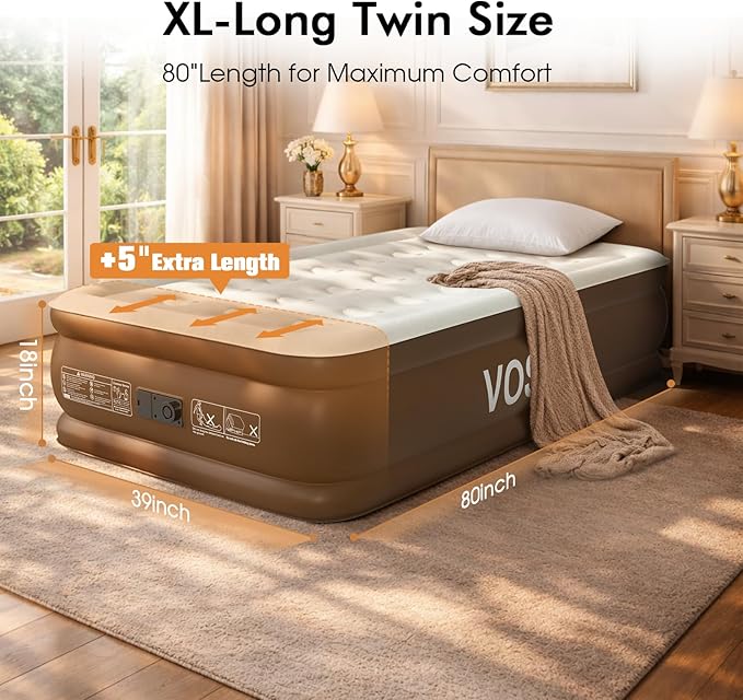 Twin XL Air Mattress with Built-in Pump, 18" Raised 80“ Extra Long Inflatable Blow Up Mattress, Flocked Top Single Air Bed for Home, Guests & Camping, Thick Twin Size Air Mattress