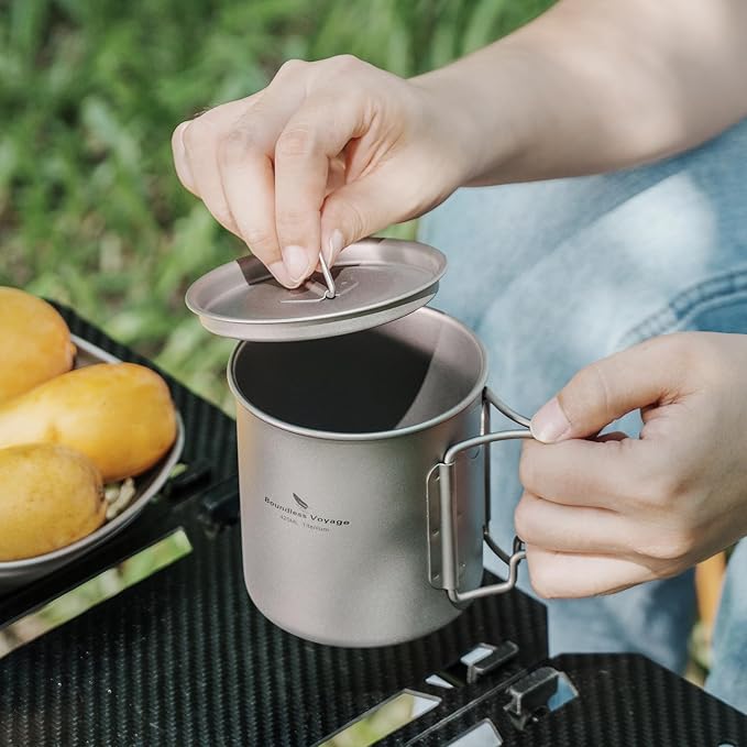 iBasingo 420ml Titanium Mug with Lid Tea Coffee Water Cup Outdoor Camping Pot Ultra-light Portable Hiking Backpacking Cooking Kit Picnic Tableware Drinkware with Foldable Handle Ti3025D