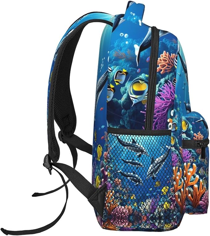 Casual Daypack Multipurpose Anti-Theft Large Capacity Carry On Bag, Colorful Sea Ocean World Dolphin Tropical Fishes Coral Art Casual Daypack Climbing Shoulder Bag With Padded Straps