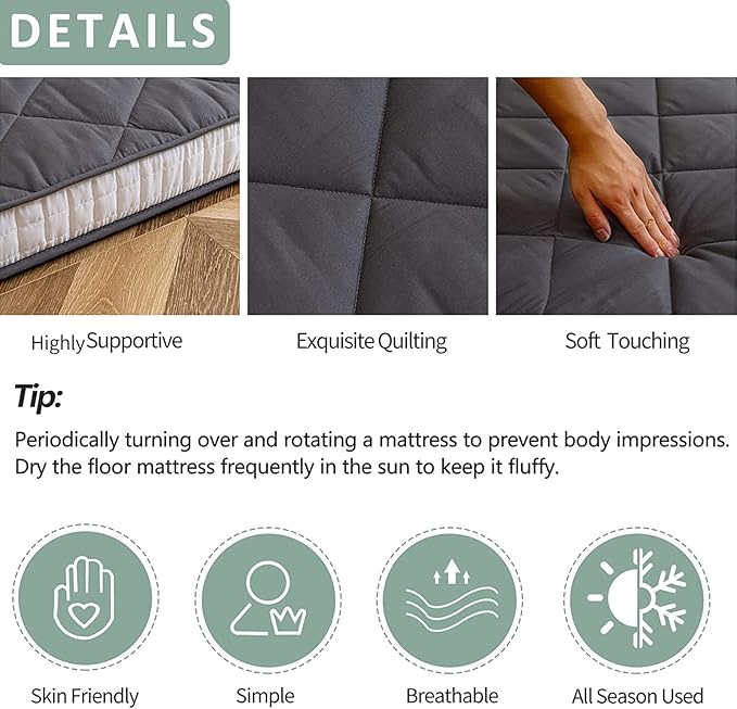 MAXYOYO Japanese Floor Futon Mattress - Extra Thick Twin Bed Topper, Roll Up Foldable Single Portable, Diamond Patterned Futon Bed, Dark Grey