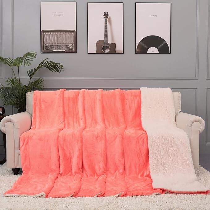 NANPIPER King Size Sherpa Blanket, Soft Fleece Throw for Bed, Reversible Thick Fuzzy Blanket for Winter (Living Coral, 90x108 inches)